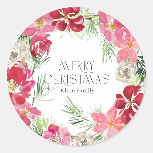 Watercolor Merry Christmas Wreath Classic Round Sticker (Front)