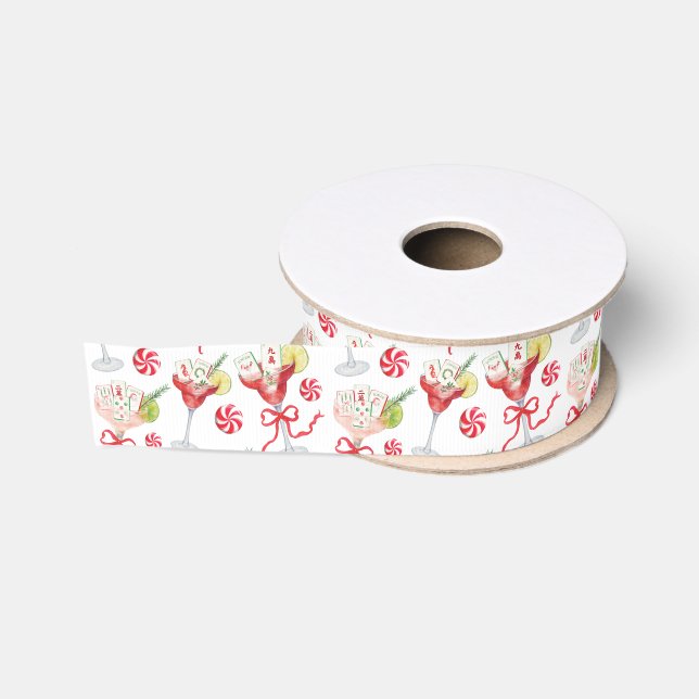 Watercolor Merry Mahjong Christmas Cocktail Party Grosgrain Ribbon (Spool)