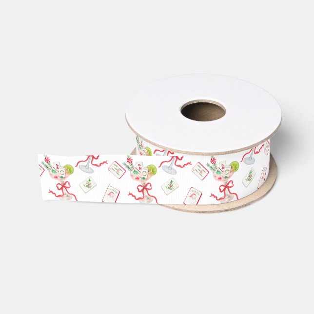 Watercolor Merry Mahjong Christmas Cocktail Party Grosgrain Ribbon (Spool)