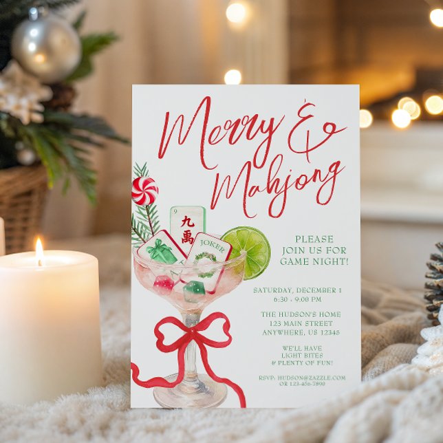 Watercolor Merry Mahjong Christmas Cocktail Party Invitation (Creator Uploaded)