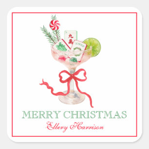 Watercolor Merry Mahjong Christmas Cocktail Party Square Sticker