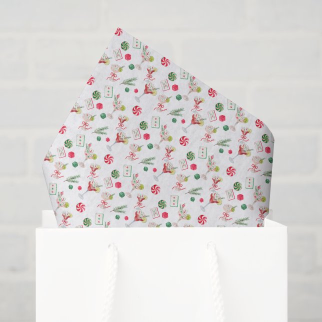 Watercolor Merry Mahjong Christmas Cocktail Party Tissue Paper (Gift Bag)