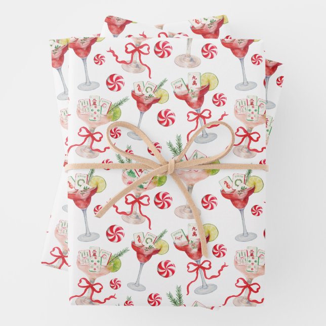 Watercolor Merry Mahjong Christmas Cocktail Party Wrapping Paper Sheets (In situ)