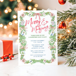 Watercolor Merry & Mahjong Christmas Garland Party Invitation