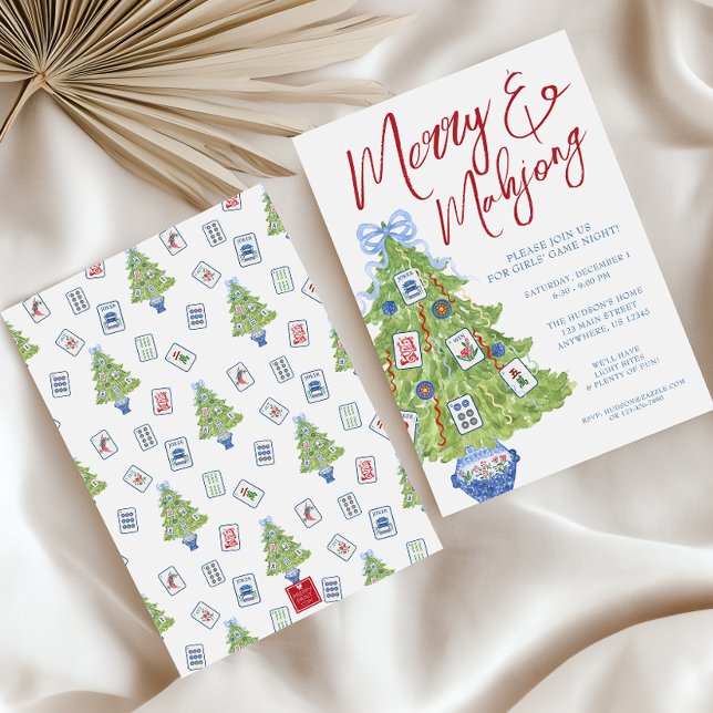 Watercolor Merry & Mahjong Christmas Tree Party Invitation (Creator Uploaded)