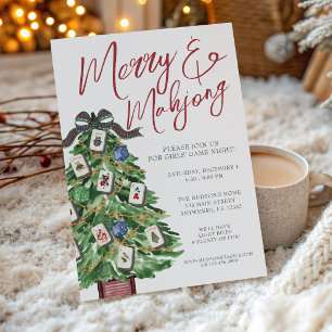 Watercolor Merry & Mahjong Christmas Tree Party Invitation
