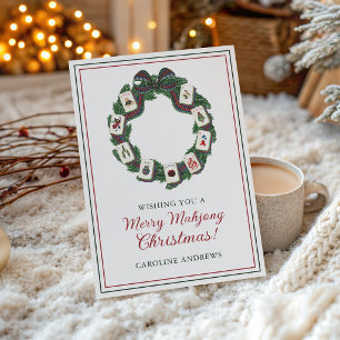 Watercolor Merry Mahjong Christmas Wreath Holiday Card