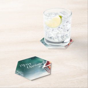 Watercolor merry wild Xmas Pine tree Holiday party Paper Coaster
