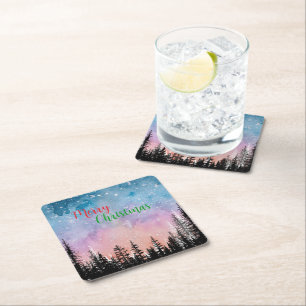 Watercolor merry wild Xmas Pine tree Holiday party Square Paper Coaster