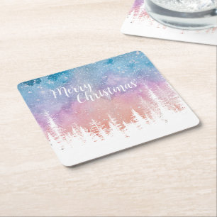Watercolor merry wild Xmas Pine tree Holiday party Square Paper Coaster