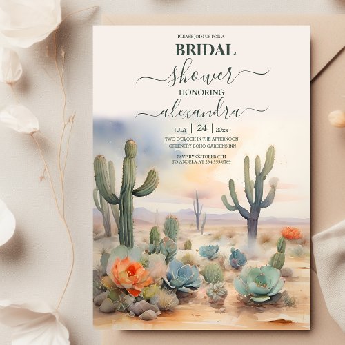 Watercolor Mexican Cactus Desert Bridal Shower Invitation