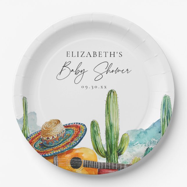 Watercolor Mexican Cactus Fiesta Baby Shower Paper Plates (Front)