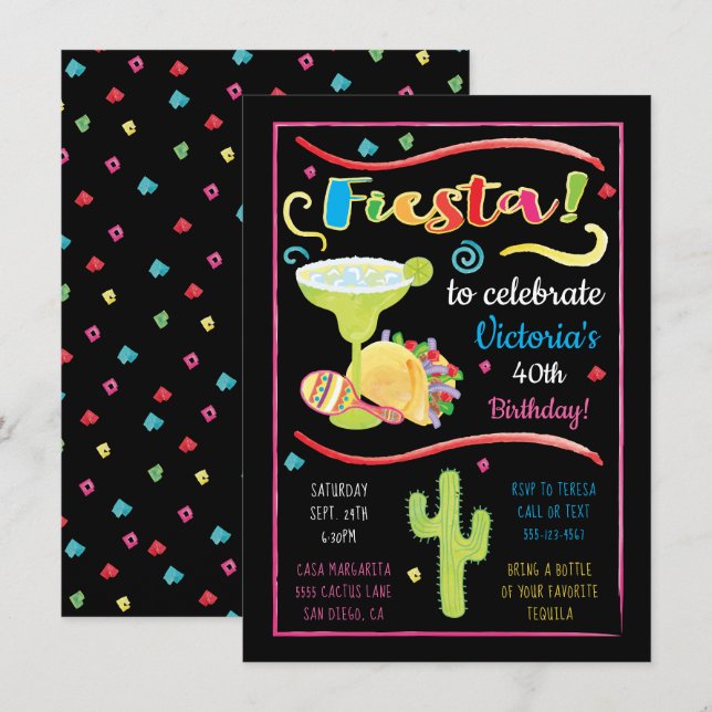 Watercolor Mexican Fiesta Birthday Invitation (Front/Back)