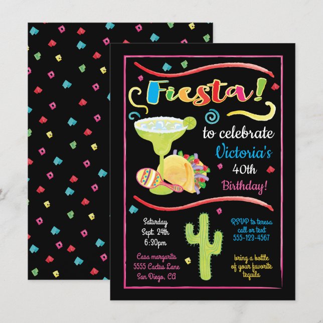 Watercolor Mexican Fiesta Birthday Invitation (Front/Back)