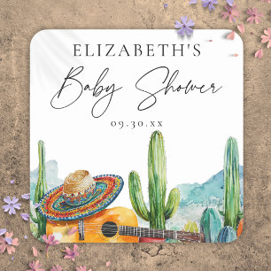 Watercolor Mexican Fiesta Cactus Baby Shower Favor Square Sticker