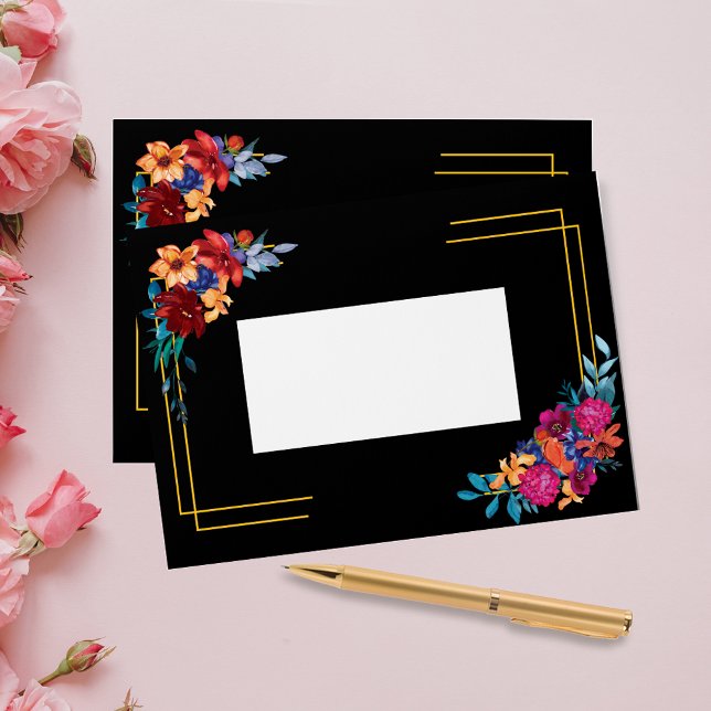 Watercolor Mexican Fiesta Floral Black Wedding Envelope (Creator Uploaded)