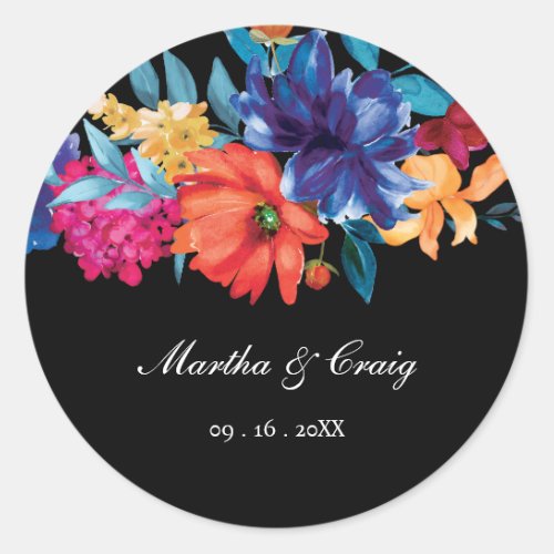 Watercolor Mexican Fiesta Flower Wedding Black Classic Round Sticker