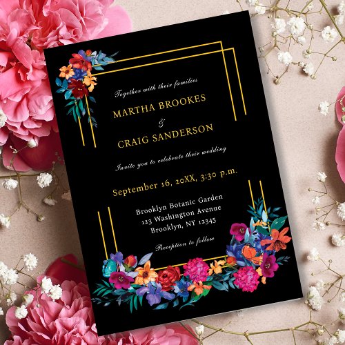 Watercolor Mexican Fiesta Flower Wedding Black Invitation