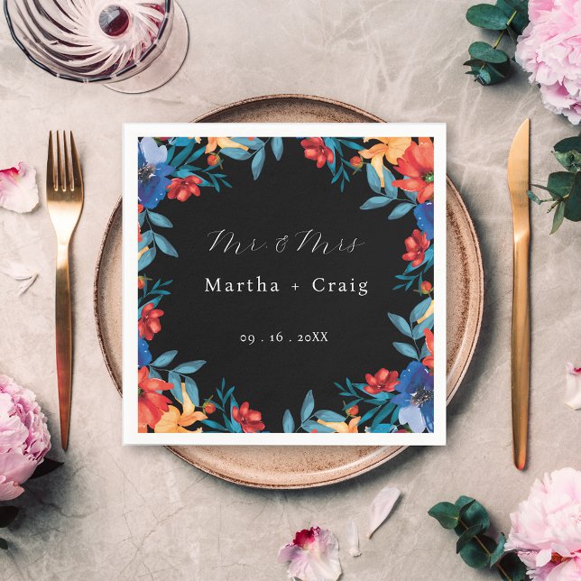 Watercolor Mexican Fiesta Flower Wedding Black Napkins (Creator Uploaded)