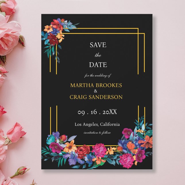 Watercolor Mexican Fiesta Flower Wedding Black Save The Date (Creator Uploaded)