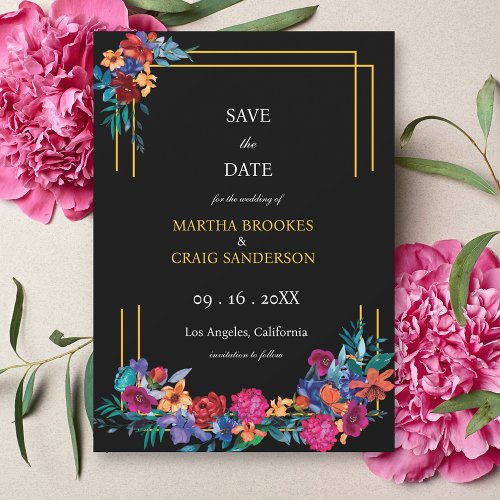 Watercolor Mexican Fiesta Flower Wedding Black Save The Date