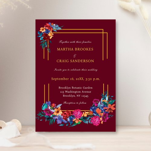 Watercolor Mexican Fiesta Flower Wedding Burgundy Invitation