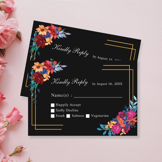 Watercolor Mexican Fiesta Wedding Black RSVP Card (Creator Uploaded)