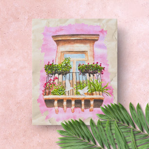 Watercolor Mexican Old Town Balcony Faux Canvas Print