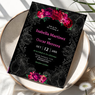 Watercolor Mexican pink floral wedding black Invitation