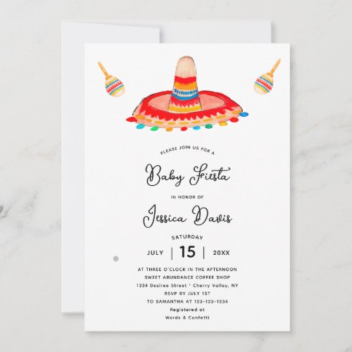 Watercolor Mexican Sombrero Baby Shower Fiesta Invitation