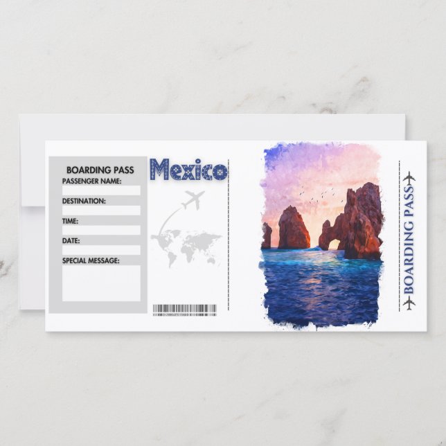 Watercolor Mexico Boarding Pass Card  (Front)