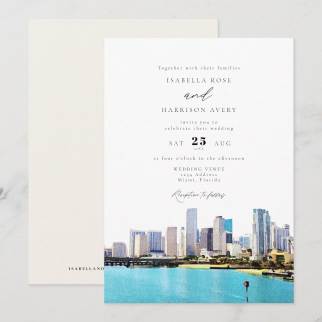 Watercolor Miami Florida City Skyline Wedding Invitation (Front/Back)