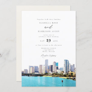 Watercolor Miami Florida City Skyline Wedding Invitation