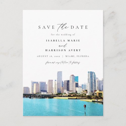 Watercolor Miami Florida Skyline Save the Date Postcard