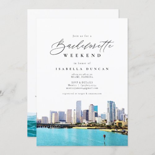 Watercolor Miami Skyline Tropical Beach Island Invitation
