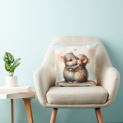 Watercolor Mice Hugging Throw Pillow