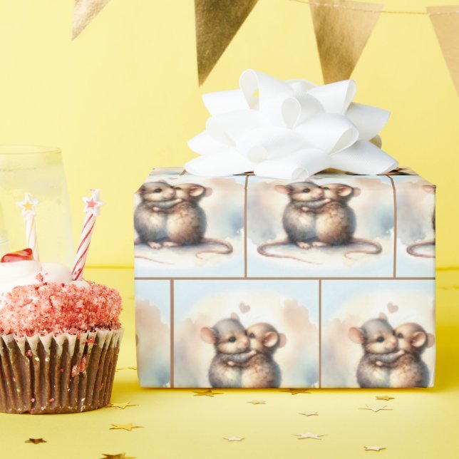 Watercolor Mice Hugging Wrapping Paper (Birthday Party)