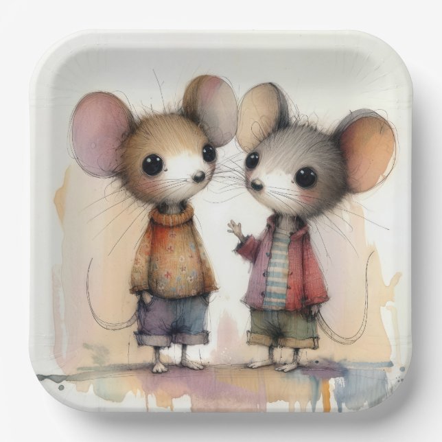 Watercolor Mice Paper Plates (Front)