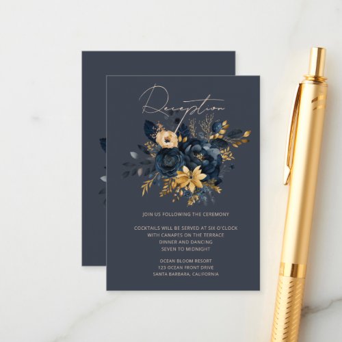 Watercolor Midnight Blue Gold Floral Reception Enclosure Card