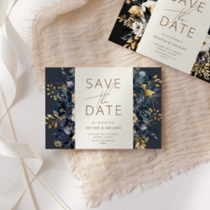 Watercolor Midnight Blue Gold Floral Save The Date Invitation
