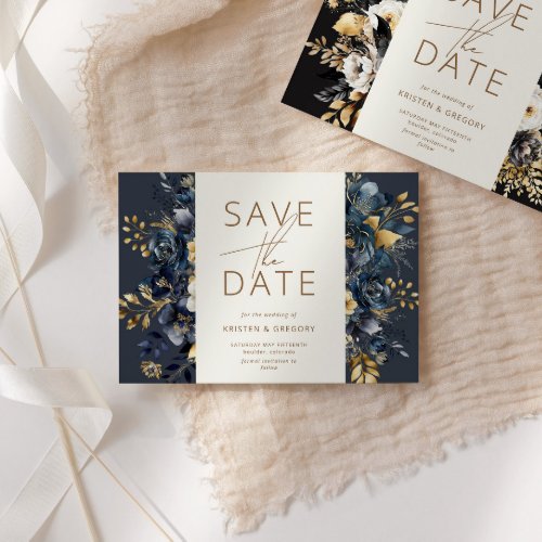 Watercolor Midnight Blue Gold Floral Save The Date Invitation