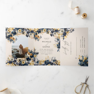 Watercolor Midnight Blue Gold Floral Tri-Fold Invitation