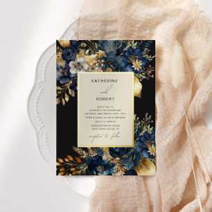 Watercolor Midnight Blue Gold Floral Wedding Foil Invitation