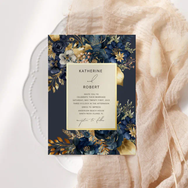 Watercolor Midnight Blue Gold Floral Wedding Foil Invitation | Zazzle