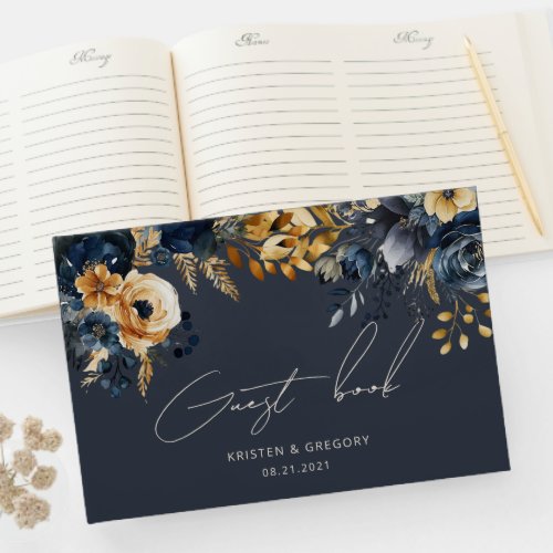 Watercolor Midnight Blue Gold Floral Wedding Guest Book