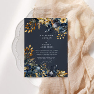 Watercolor Midnight Blue Gold Floral Wedding Invitation