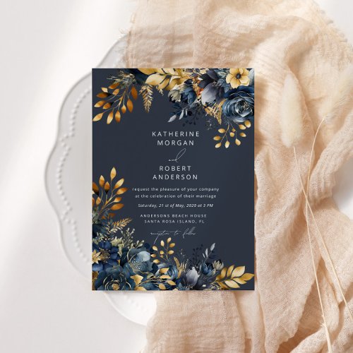 Watercolor Midnight Blue Gold Floral Wedding Invitation