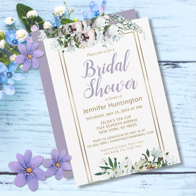Watercolor Midsummer Floral Lavender Bridal Shower Invitation (Pretty Watercolor Rose Lavender Bridal Shower Invitation)