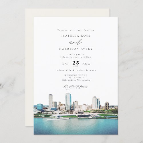 Watercolor Milwaukee Wisconsin Skyline Wedding Invitation