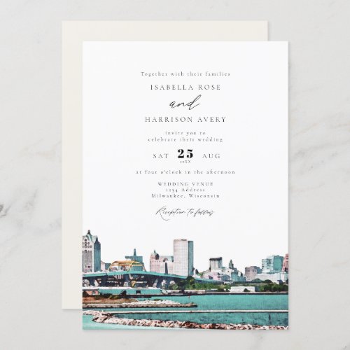 Watercolor Milwaukee Wisconsin Skyline Wedding Invitation